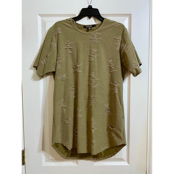 Rustic Dime Other - Distressed Olive Green Curved Hem Crewneck